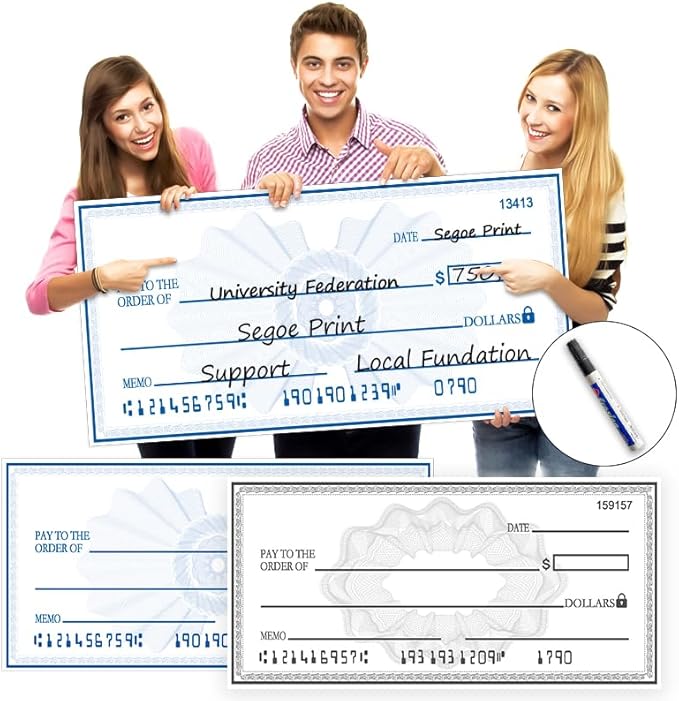 Big Check Giant Check 40x16 Inch Double-Sided Reusable Award Supply | Dual-Color Dry Erase Board for Corporate Events & Fundraisers (Black/Blue) with 2 Markers & Guide
