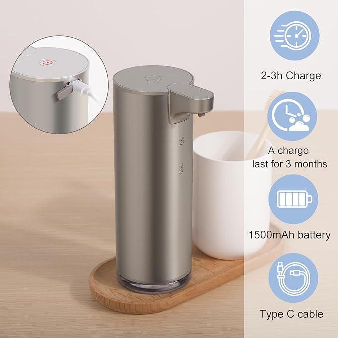 Automatic Foaming Soap Dispenser, Rechargeable Touchless Foam Hand Soap Dispenser for Bathroom, Stainless Steel Soap Pump for Kitchen, Water-Resistant, Xmas Gift 9oz