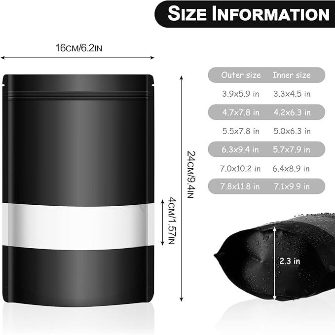 100 Pack Smell Mylar Proof Bags for Food Storage, Resealable Packaging Bags for Small Business, Stand Up Foil Pouches Reusable Heat Sealable Bags with Clear Window (Black, 6.3x9.4 In)