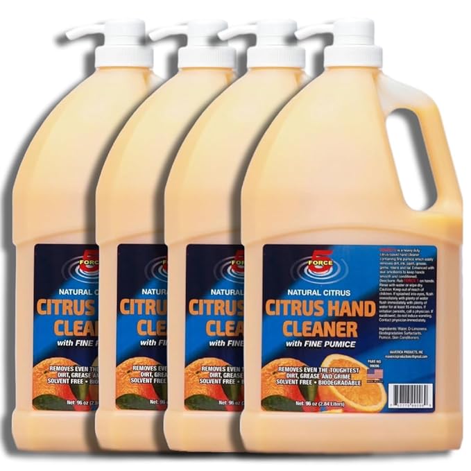 Force 5 - Citrus Hand Cleaner for Mechanics – Heavy-Duty Mechanic Soap with Natural Pumice & Citrus. Quickly Remove Removes Dirt, Grease and Grime – Moisturizing, Orange Scent. (96oz) (4 Pack)