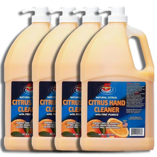 Force 5 - Citrus Hand Cleaner for Mechanics – Heavy-Duty Mechanic Soap with Natural Pumice & Citrus. Quickly Remove Removes Dirt, Grease and Grime – Moisturizing, Orange Scent. (96oz) (4 Pack)
