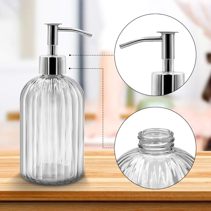 2 Pack Clear Glass Soap Dispenser Bottle with Pump, 14 Oz Refillable Liquid Hand Jar Dispenser for Bathroom, Countertop, Kitchen, Laundry Room