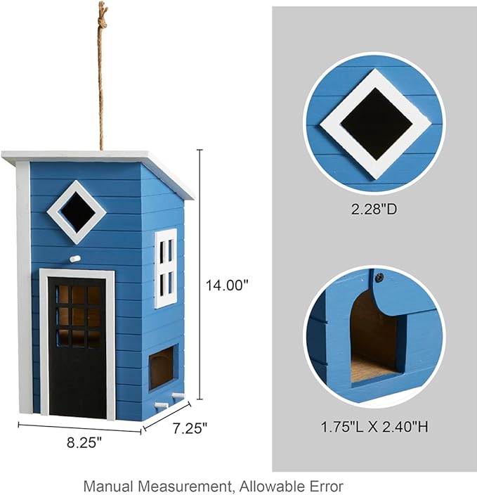 Glitzhome Large Bird Houses for Outside, Hanging Bird Houses for Outdoors, 14"H Modern Hand Painted Solid Wood Cottage Hummingbird House, Functional Decorative Birdhouse for Garden Patio Backyard,Bule
