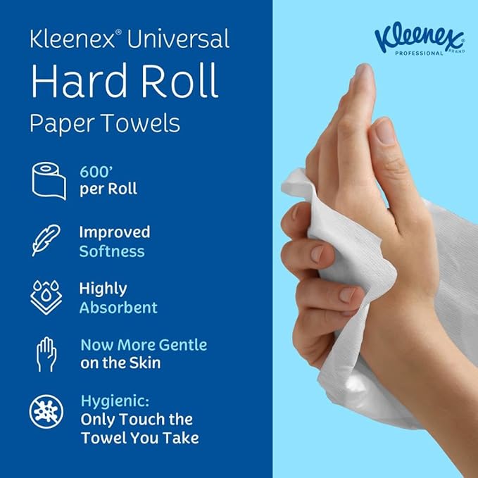 Kleenex Professional Universal Hard Roll Paper Towels, Bulk (50606), Hardwound 1.75' Core, Premium Absorbency Pockets, White (6 Rolls at 600' Each, 3,600'/Case)