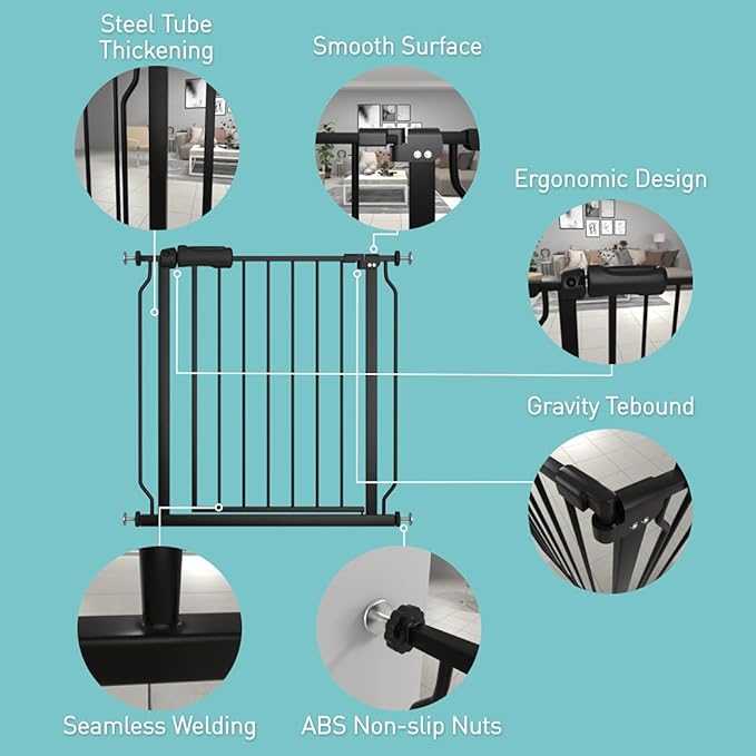 WAOWAO Baby Gate 29.13-33.86" Extra Wide Pressure Mounted Walk Through Swing Auto Close Safety Black Metal Toddler Kids Child Dog Pet Puppy for Stairs,Doorways,Kitchen