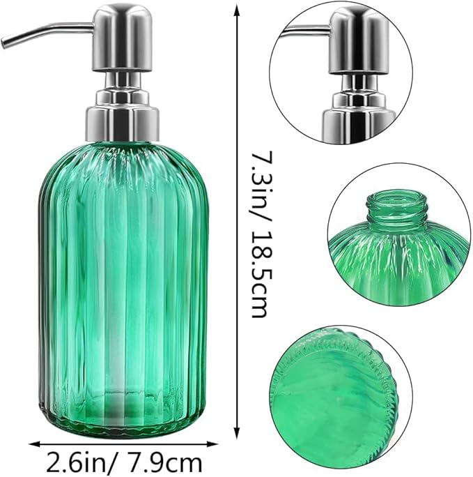 14 Oz Glass Soap Dispenser with 304 Rust Proof Stainless Steel Pump, Refillable Hand Liquid Soap Dispenser for Bathroom, Kitchen, Countertop, Laundry Room (Green)