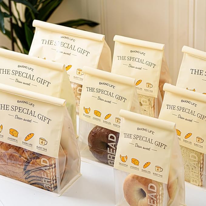 50 Pcs 5.1 Inch Bread Bags with Tin Tie, Bread Pattern Small Loaf Bags Made Of Milky yellow Paper, Storage Packing Bag with Clear Window for Bakery, Cafe, Homemade