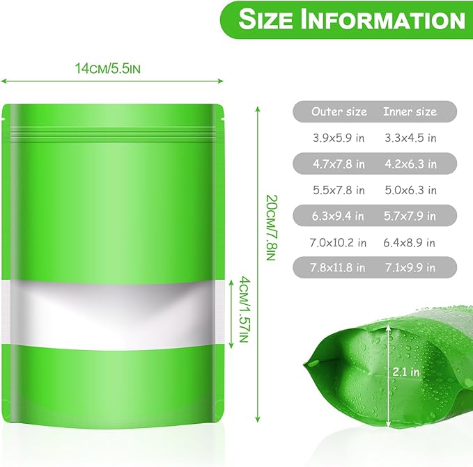 100 Pack Smell Mylar Proof Bags for Food Storage, Resealable Packaging Bags for Small Business, Stand Up Foil Pouches Reusable Heat Sealable Bags with Clear Window (Green, 5.5x7.8 In)