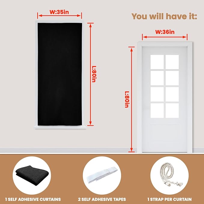 Adhesive Curtain,100% Blackout Curtains, No Drilling, Suitable for Multi-Scenes Privacy Protection (Black - W35 × L80 in)