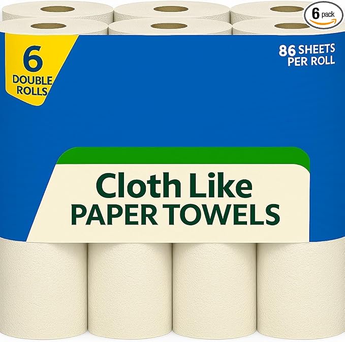 Cloth-Like Paper Towels – 6 Double Rolls, 86 Sheets/Roll – Ultra-Soft, Durable, Eco-Friendly, Quick Absorbency – Ideal for Kitchen, Bath & Everyday Cleaning