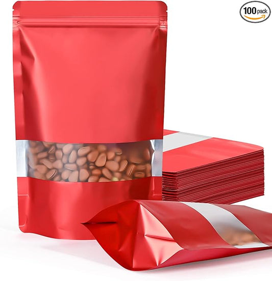 FireKylin 100 Pack Smell Proof Bags 7.9" x 11.8", Resealable Bags with Matte Window, Foil Pouch Stand Up Sealable Bags for Packaging（Red）