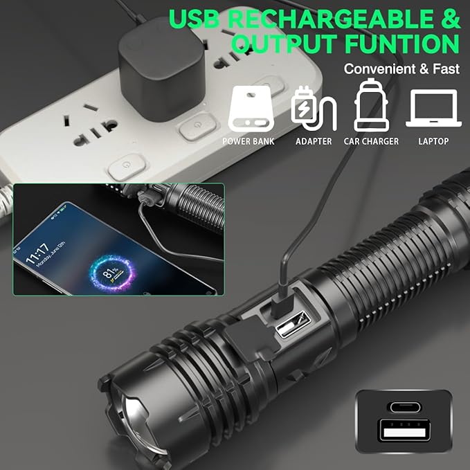 4 Pack Super Bright High Lumens Flashlight - LED Zoom Light USB Rechargeable with 5 Modes Waterproof Flash Lights for Emergency Camping Home Outdoor Use