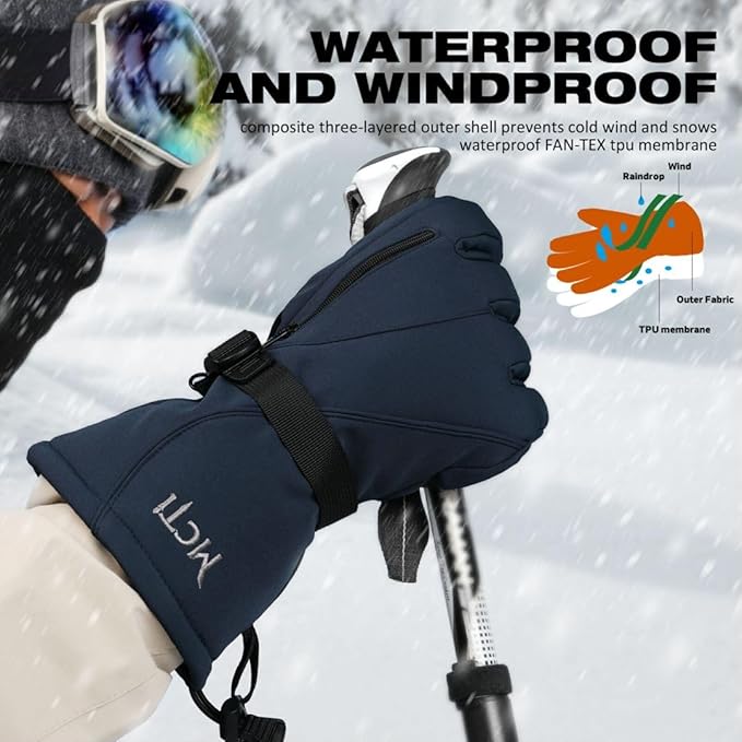MCTi Waterproof Mens Ski Gloves Winter Warm 3M Thinsulate Snowboard Snowmobile Cold Weather Gloves