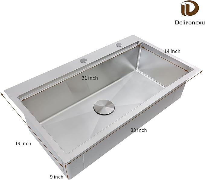 33x19 Drop In Kitchen Sink - Delironexu 16 Gauge Stainless Steel Sinks, 33 Inch Drop In Kitchen Sink Single Bowl, Top Mount Workstation Sinks with 6 Accessories Package