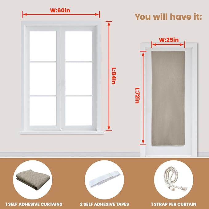 100% Blackout French Door Curtain,Adhesive, No Drilling Required,Small Curtains Designed for Installation On Doors (Light Coffee - W25 × L72 in)