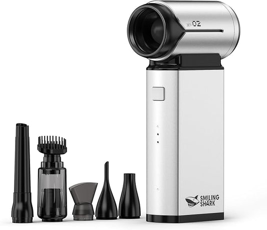 Smiling Shark Compressed Air Duster, J02 Super Power 150000RPM Aluminum Electric Air Duster with Mini Vacuum Cleaner, 2 Modes (Normal&Storm) Adjustable Dust Blower for PC/Outdoor/House/Car