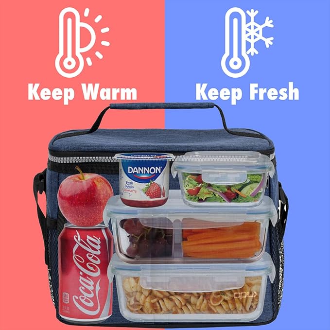 opux Insulated Lunch Bag for Men Women, Leakproof Heather Navy Lunch Box for Work, Portable Soft Lunch Cooler Bag with Shoulder Strap, Adult Lunchbox Lunch Pail for Kid Boy Girl School, 14 Can/8L