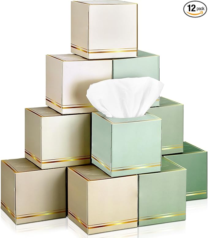 12 Pack Facial Tissues Cube Boxes Face Box 600 Sheets 3 ply Soft Paper Square Tissues Bulk for Car Pocket Toilet Household Bedroom Family (Mixed Color)