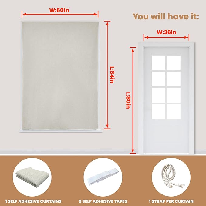 Adhesive Curtain,100% Blackout Curtains, No Drilling, Suitable for Multi-Scenes Privacy Protection (Light Beige - W60 × L84 in)