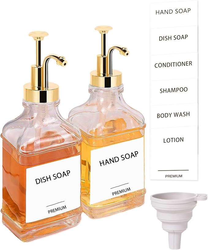 Dish Soap Dispenser for Kitchen, Hand Glass Soap Dispenser Set with Pump, Funnel for Bathroom, Shower, Laundry, Liquid, Lotion (Gold 2 Pack 18 Oz Clear Bottles with 12 Stickers)