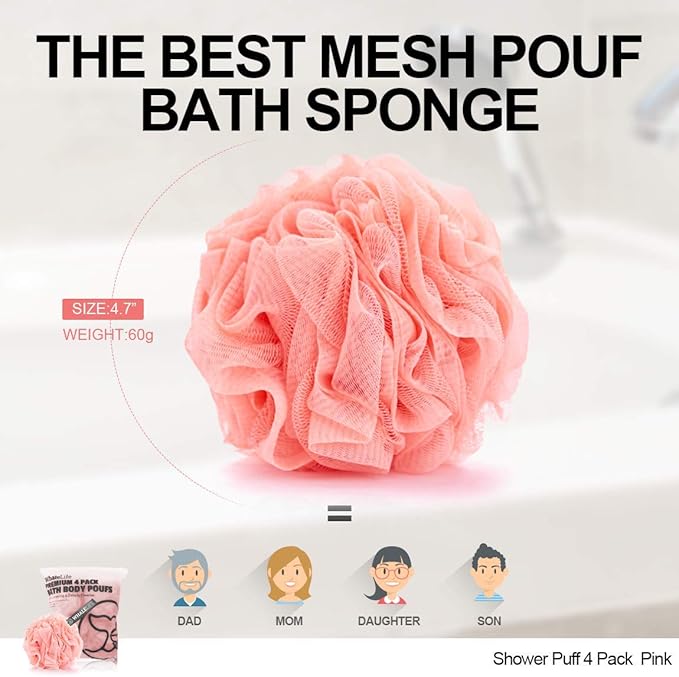 Loofah Sponge Bath Sponge for Women Men 4 Pack (Pink)