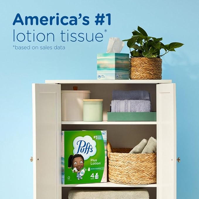 Puffs Plus Lotion Facial Tissue, 4 Mega Cube Boxes, 72 Tissues Per Box
