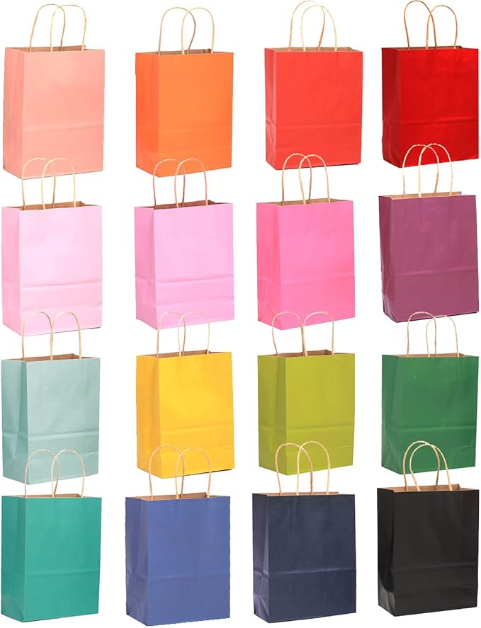 qiqee 32-Packs Paper Bags with Handles Bulk 8.26"×6"×3.15" Small Gift Bags 16 Different Senior Color Bags Multiple Uses（Small Size）
