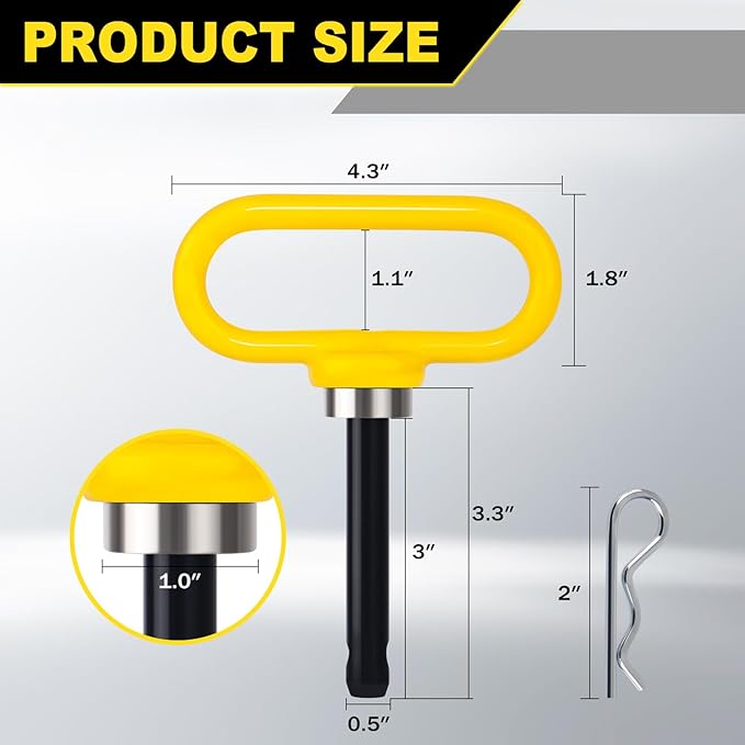 Magnetic Hitch Pin, Heavy Duty Ultra Strong Neodymium Magnet Lawn Mower Trailer Gate Pins Accessories 1/2 Inch for Mowers, Lawn Tractors, Towing - Simple One Handed Hook On & Off(Yellow)