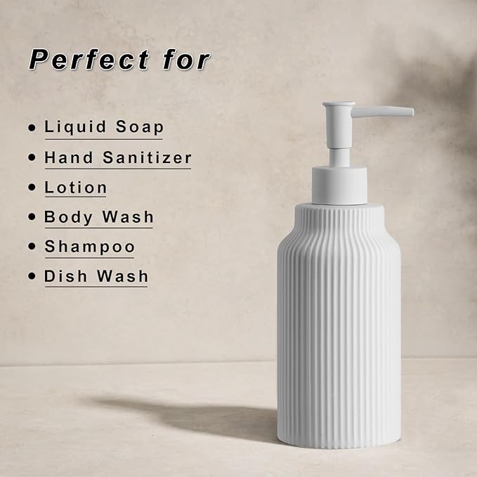 Modern Matte White Soap Dispenser for Bathroom，14oz Ceramic Soft Touch Hand Lotion Dispenser with Pump，Liquid soap Dispenser for Kitchen Rubber Paint (White)