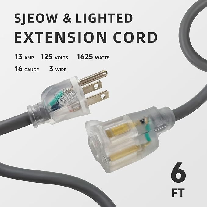 EP 6 Ft 16/3 SJEOW Heavy Duty Extension Cord, Grey Power Cable with LED Lighted Plug & 3-Prong Grounded Plug, Water-Resistant for Indoor/Outdoor Use, Lawn, Garden, Appliances & Tools