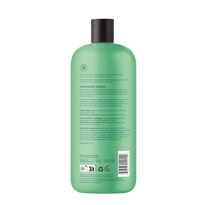 ATTITUDE Foaming Hand Soap Refill, EWG Verified, Natural & Plant-Based Hand Wash, Gentle & Moisturizing, Vegan, Green Apple & Basil Scent, 30 Fl Oz