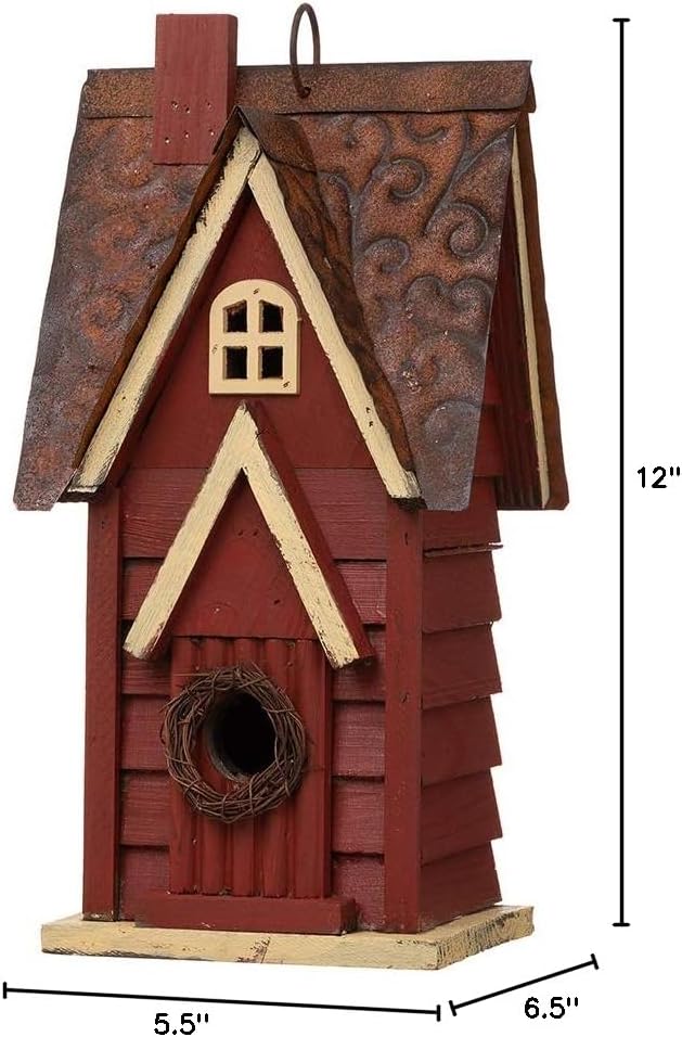 Glitzhome Solid Wood Distressed Cottage Garden Birdhouse Hanging Bird House for Outdoors 12" H,Red