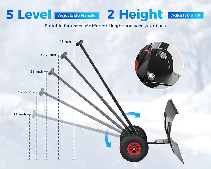 GarveeLife 29" Snow Shovel Pusher for Driveway, Heavy Duty Metal Wheeled Snow Plow with Adjustable Handle&Angled Blade,Ergonomic Single Rod Snow Removal Tool for Doorway/Sidewalk(Black