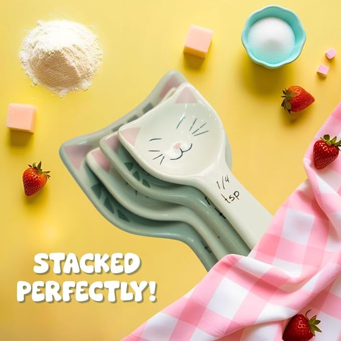 Cute Measuring Cups and Spoons Set - Cat Mom Gifts for Women - Cat Kitchen Accessories for Baking Gifts - Ceramic Measuring Spoons for Unique Baking Supplies - Fun & Decorative Kitty Cup for Cooking
