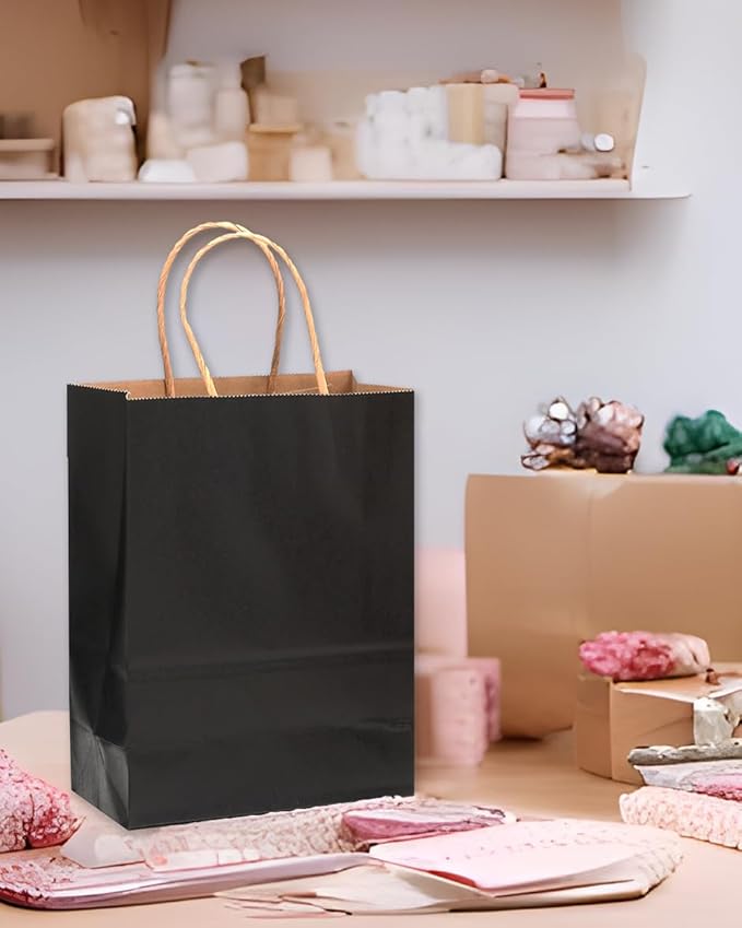 qiqee 60 pcs Kraft Bags with Handles 7.6"x4.75"x10.5" Medium Gift Paper Bag Black Solid Color Bags