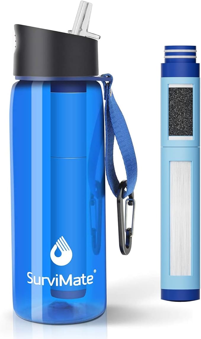 SurviMate 5-Stage 0.01μm Ultra-Filtration Filtered Water Bottle, BPA-Free Material, NSF/ANSI 42&372 Certified, Portable Water Filter Bottle for Survival, Camping, Hiking, and Emergency Use