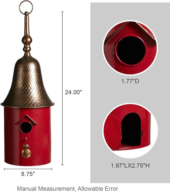 Glitzhome 24" H Metal Hanging Birdhouse for Outdoors, Farmhouse Pagoda Painted Decorative Bird House with Bell Roof for Bluebird Wren Chickadee Sparrow Bird Nest Box for Garden Patio, Retro Red