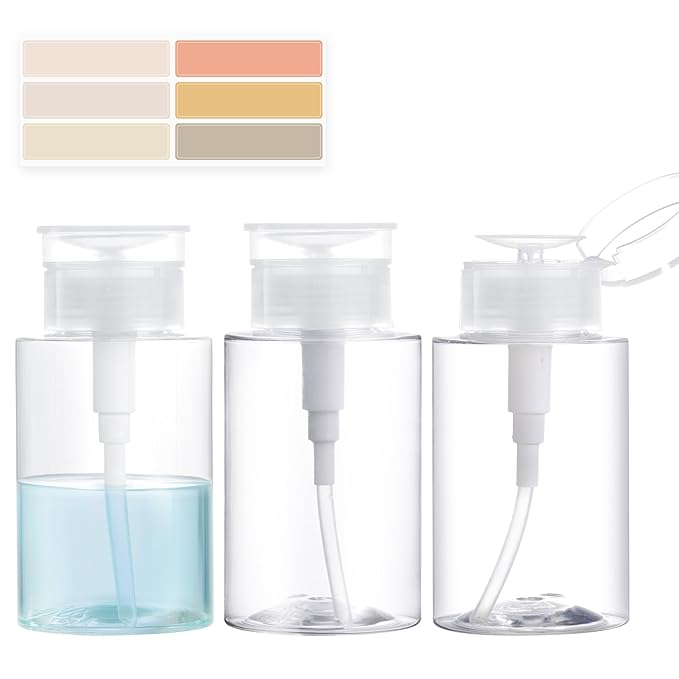 3 Pack Push Down Pump Dispenser, Empty Pump Bottle Dispenser with DlY Lables for Nail Polish, Makeup Remover, Alcohol, Facial Toner 5.1oz/150ML