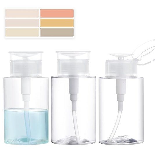 3 Pack Push Down Pump Dispenser, Empty Pump Bottle Dispenser with DlY Lables for Nail Polish, Makeup Remover, Alcohol, Facial Toner 5.1oz/150ML