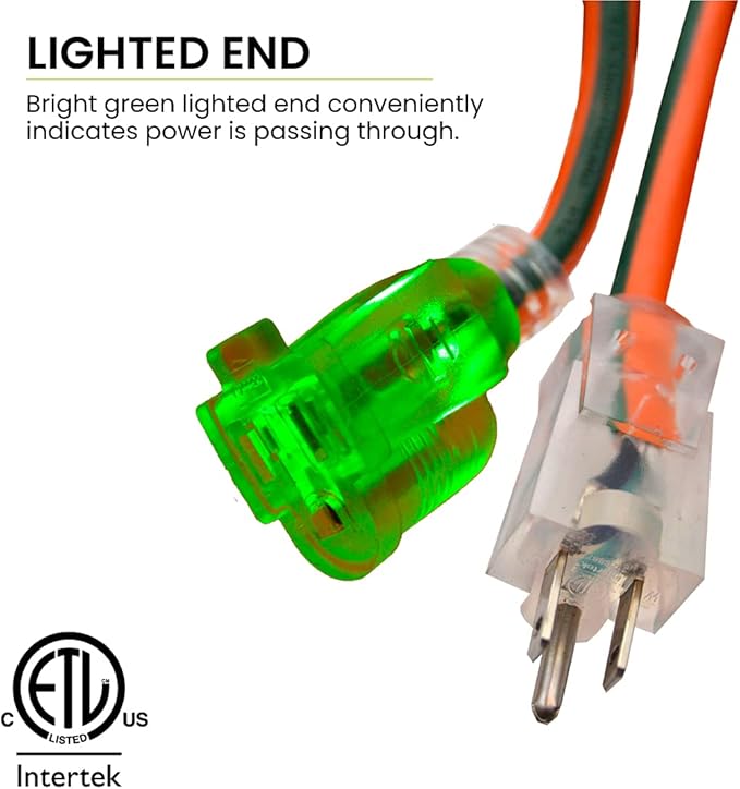 Go Green Power Inc. 16/3 25ft Outdoor Extension Cord with Lighted End - Contractor Grade, Durable, and Moisture Resistant - Ideal for Heavy Duty Tools - GG-13725 (Pack of 12)