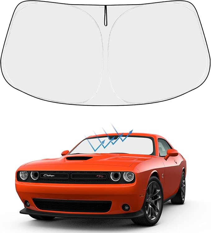 Proadsy 2025 Upgrade Windshield Sun Shade Custom Fit Dodge Challenger 2015-2024 2025 4-Layer Foldable Front Sunshade Protector Sun Visor Blocks UV Rays Keep Car Cooler