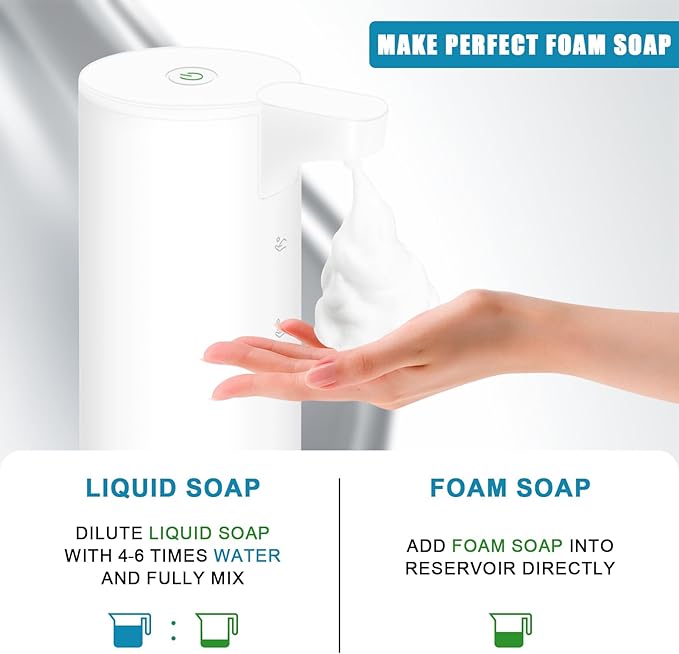 Automatic Soap Dispenser Stainless Steel with Sensor Infrared Soap Dispenser Electric IPX5 Waterproof USB-C Charging Motion Sensor for Kitchen & Bathroom (White Foam)