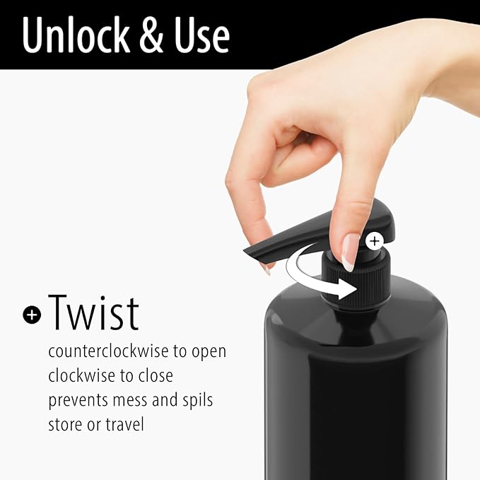 Shampoo & Conditioner Pumps for 1 L / 33.8 oz Bottles | Fits 1″ Neck | Replacement Dispenser Pump Top for Soap, Lotion & Body Wash (4-Pack White + Black (Dosa))