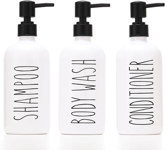HOMCDALY Shampoo and Conditioner Dispenser Set of 3, 21oz Shower Soap Bottles with Pump, Refillable Shampoo Conditioner Body Wash Dispenser, Bathroom Shower Shampoo Bottles, shampoo container(P-White)