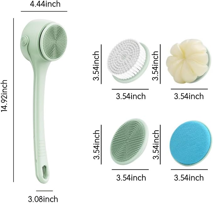 Rechargeable Electric Body & Back Scrubber Brush – Waterproof Spinning Bath Brush with Dual Long Handles & 5 Replaceable Heads for Deep Cleansing, Exfoliating & Massage