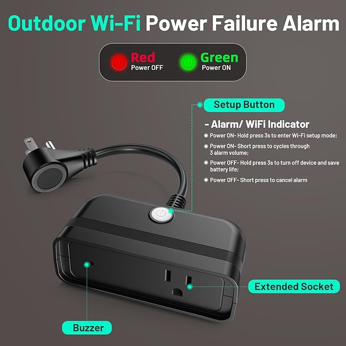 WiFi Power Failure Alarm Outdoor, Power Outlet Alarm with SmartLife App Alert for Indoor & Outdoor, 110dB Power Outage Detector for Freezer, Sump Pump, Auto Drip Irrigation, Greenhouse, Pond Pump