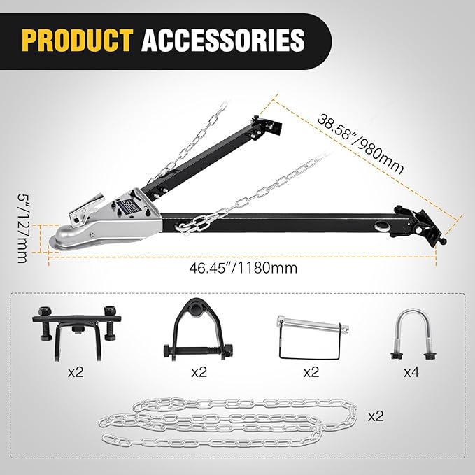 Nilight Tow Bar with Safety Chains, Coupler Fits 2-Inch Hitch Ball, 5500 lbs Towing Capacity, 41-in Opening Width, Bumper-Mounted Universal Towing Bar for RV, Car, Trailer, Truck, Alloy Steel