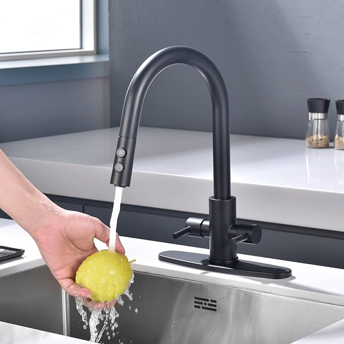Kitchen Faucet, Two Handles Sink Faucet with Sprayer, Stainless Steel, Matte Black, PB1047