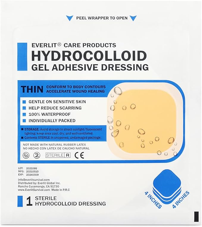 EVERLIT Hydrocolloid Wound Dressing | Waterproof Adhesive Bandage 4" x 4" [Pack of 10] | Sterile, Advance Healing for Acne Breakout, Bed Sores, Ulcers and Blisters (Advanced Hydrocolloid Gel Dressing)