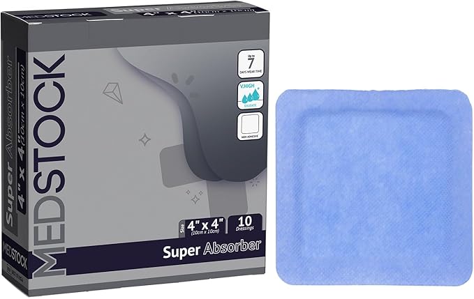 MEDSTOCK Super Absorber Dressing, 4"x4" (Pack of 10), Wound Care, Ultimate Absorption, Holds Extra Volumes of Exudate, Less Frequent Dressing Changes, Reduces Damage Risk & Maceration
